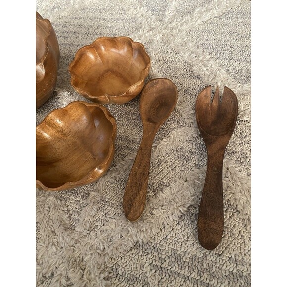 7pcs VTG 60s MCM Tiki Hawaiian Serving Bowl Set TEAK Wood Flower Shape Utensils - Picture 2 of 9